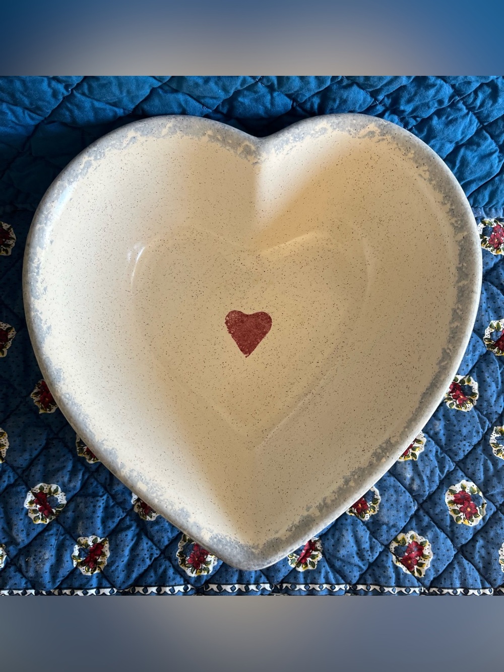 Vintage Heart Shaped Stoneware Bowl | Blue Sponge Rim Bowl | Speckled Heart Bowl